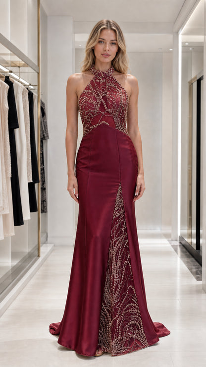 Front view of burgundy red color variant in formal styling