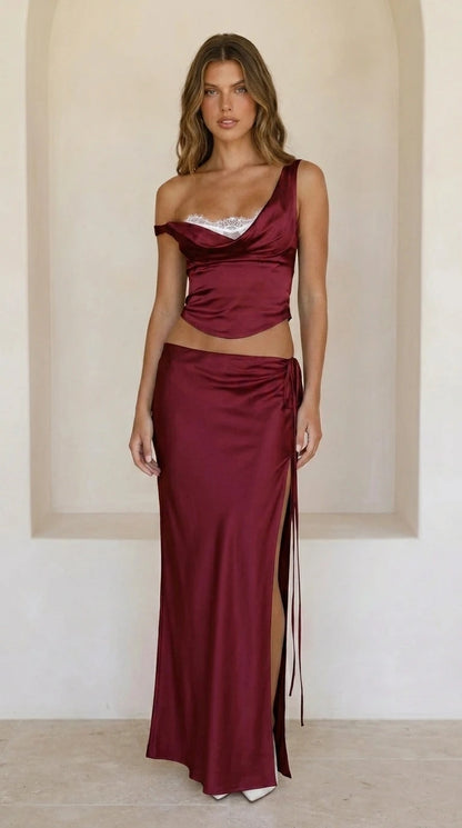 Front view of burgundy satin two-piece set