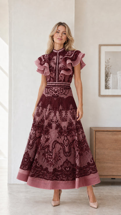 Full view of model wearing burgundy color variant