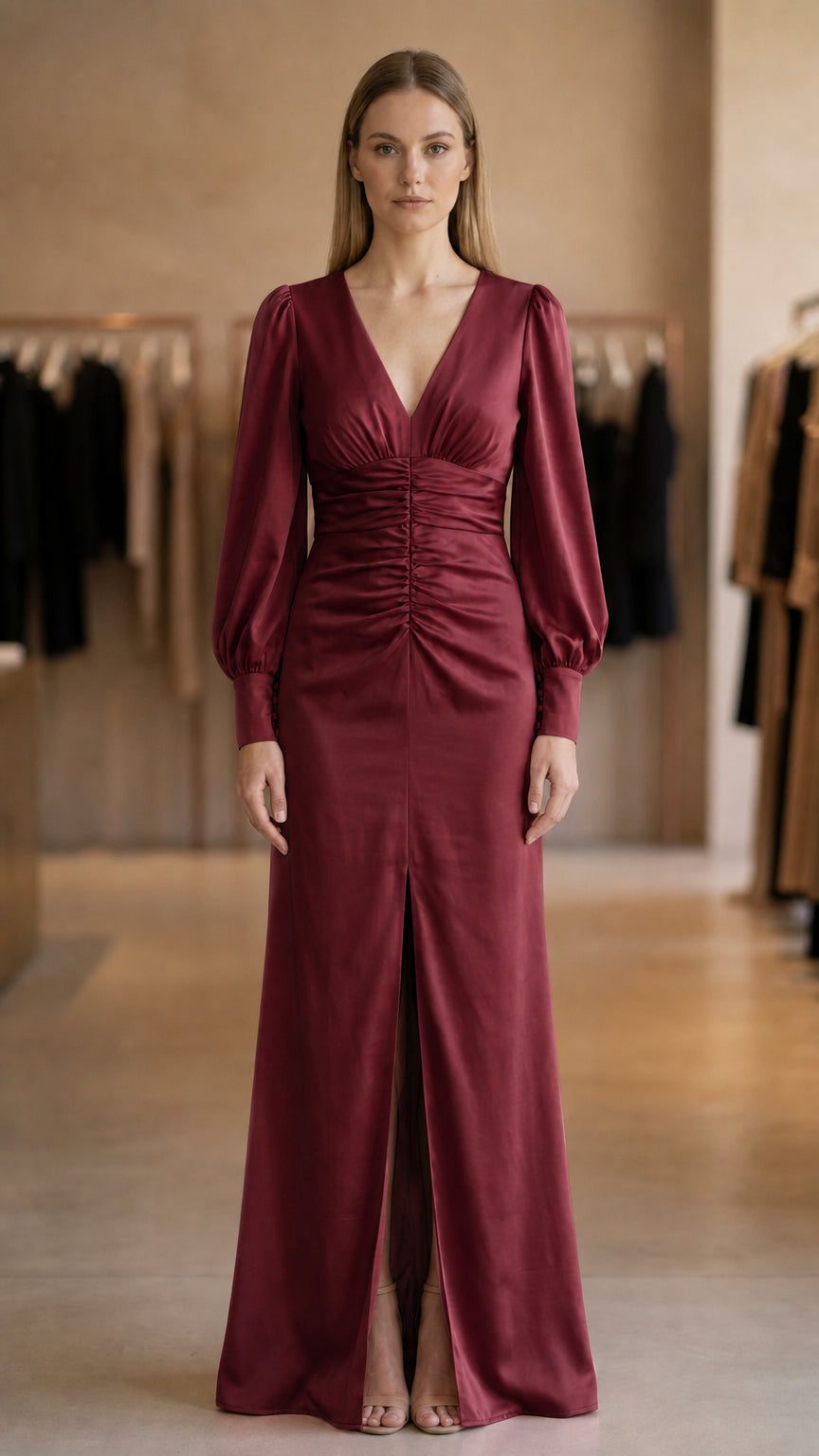 Model wearing burgundy evening maxi dress