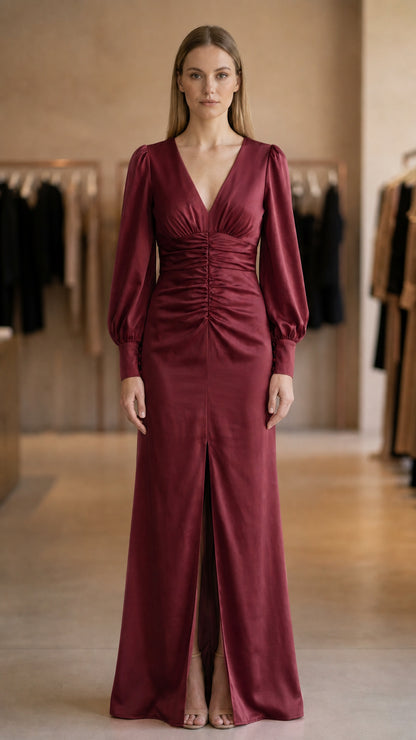 Model wearing burgundy evening maxi dress