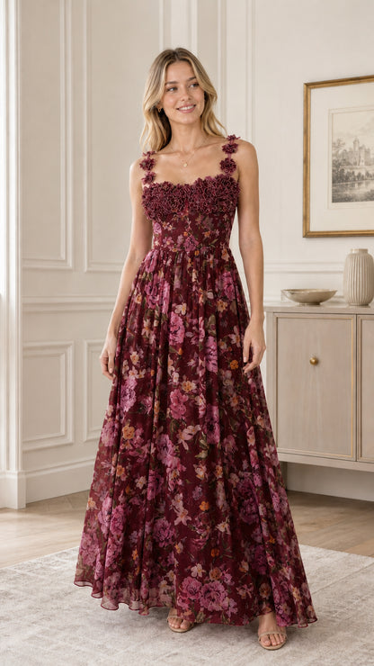 Floral Ruffle Applique Maxi Dress in Burgundy
