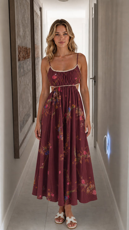 Front view of burgundy floral cutout midi dress