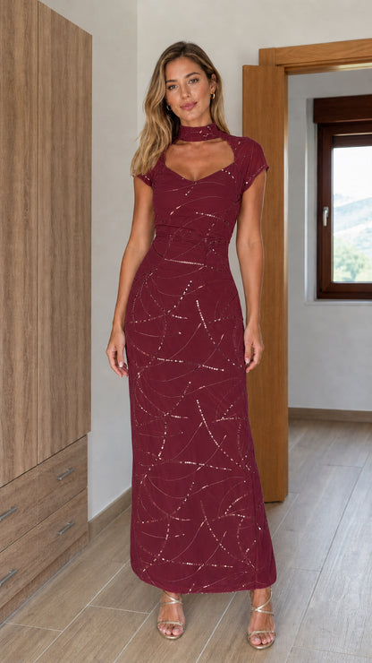 Front view of burgundy sequined evening dress