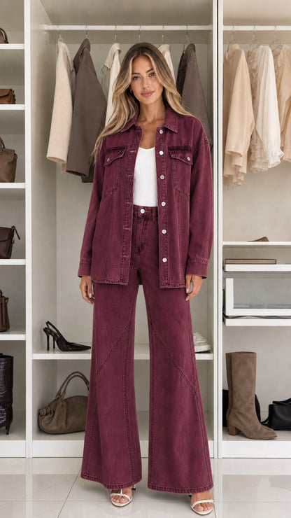 Front view of woman wearing burgundy denim shacket and wide leg pants set