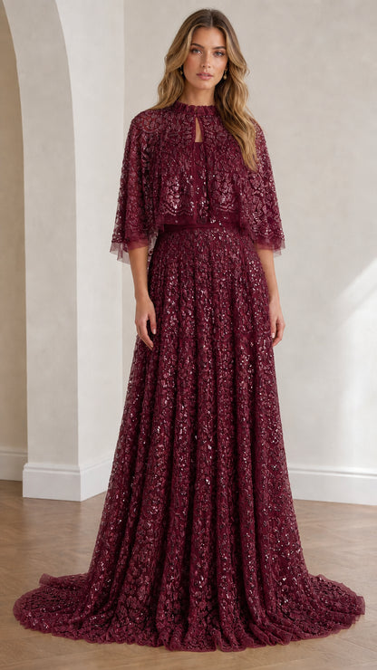 Full view of burgundy sequin lace capelet evening gown