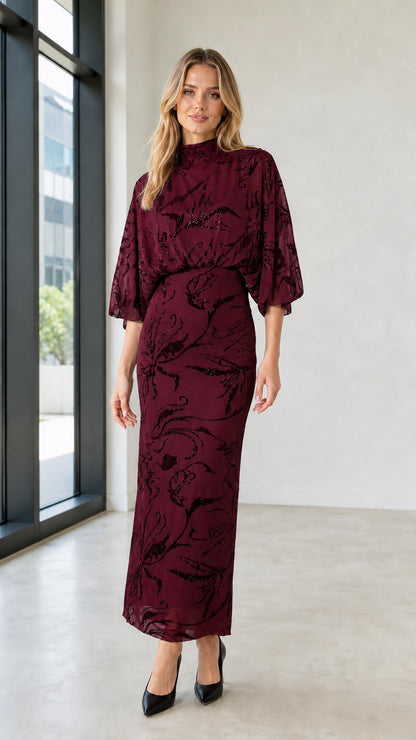 Front view of Burgundy mock neck sequin floral maxi dress