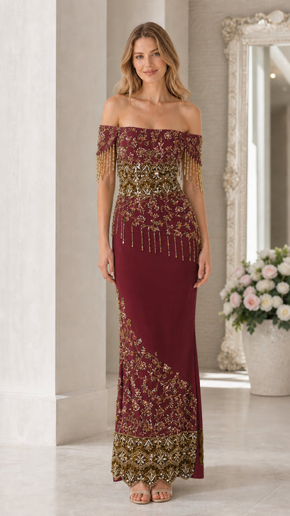 Burgundy variant of off-shoulder beaded formal evening dress