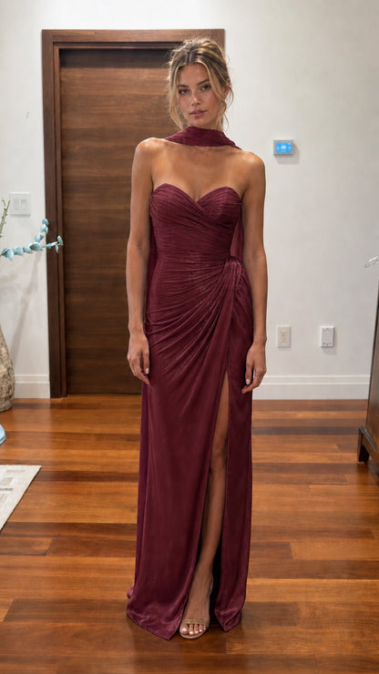 Burgundy ruched halter maxi dress with front slit