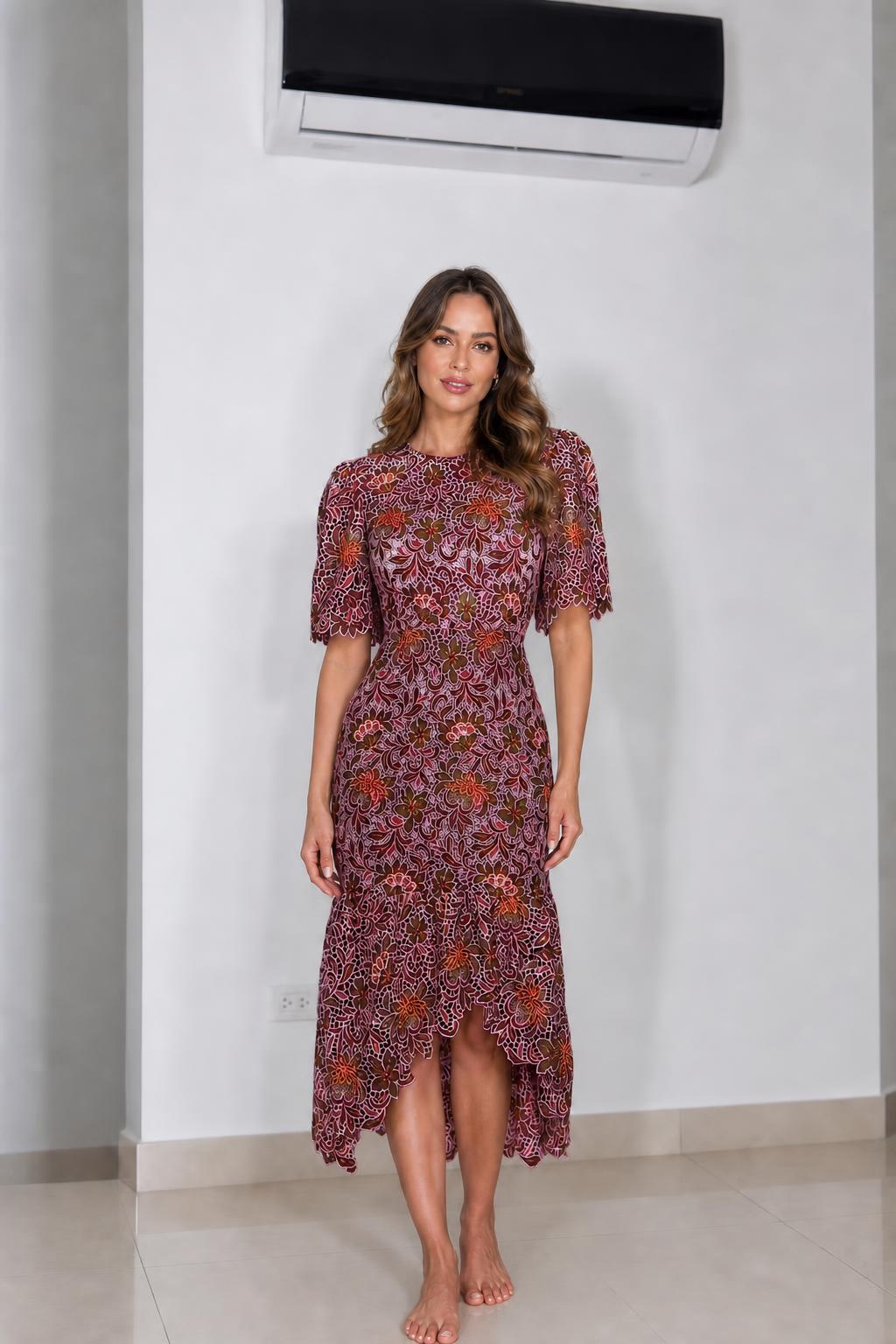 Front view of burgundy floral lace midi dress