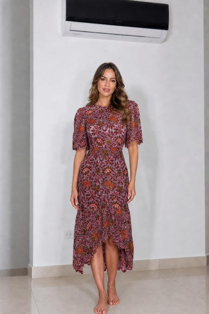Front view of burgundy floral lace midi dress