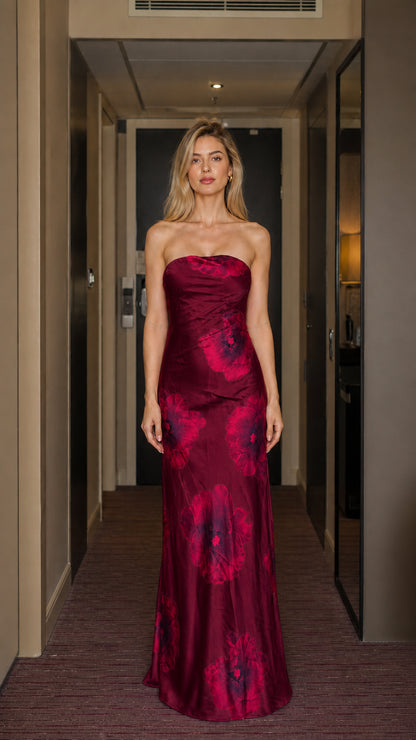 Burgundy color variant of floral satin maxi dress