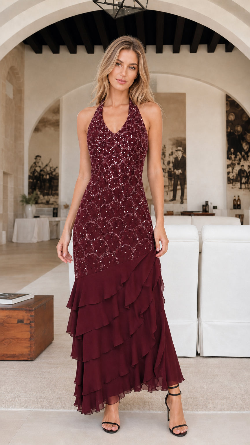 Burgundy variant of the sequin evening gown