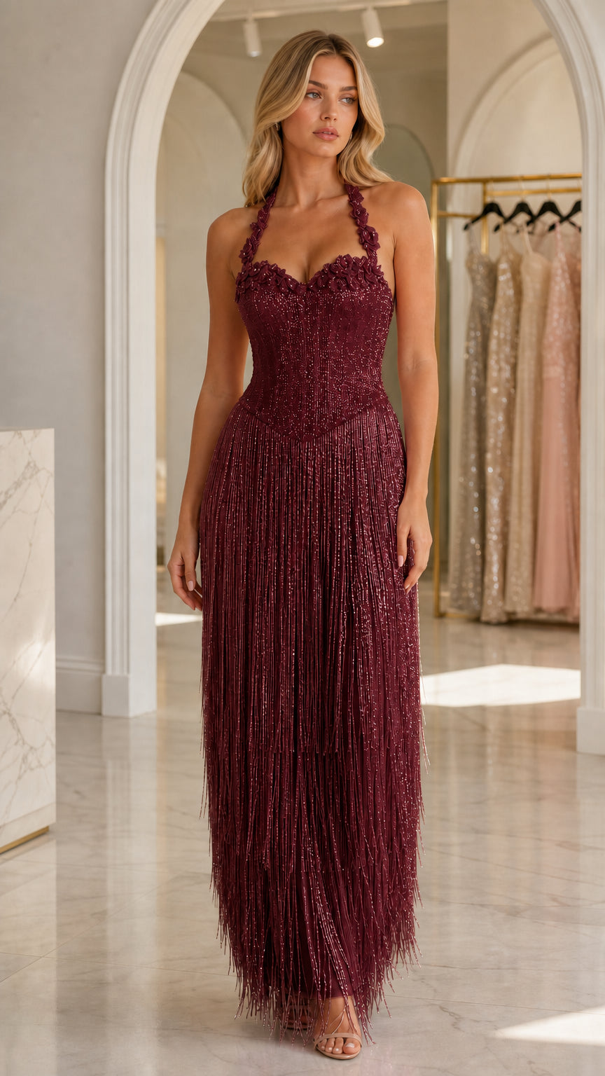Full-length view of model in burgundy glitter sequin halter fringe dress