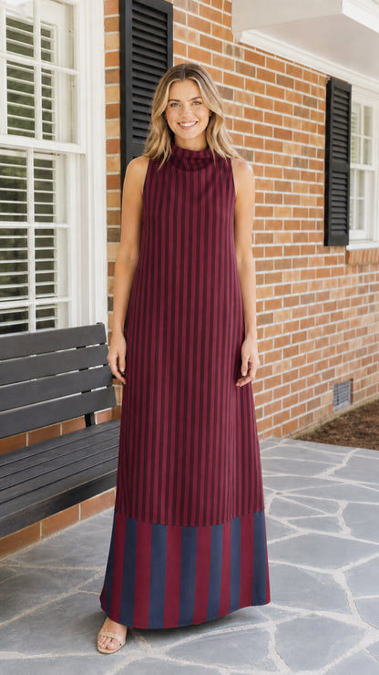 Woman wearing burgundy striped maxi dress