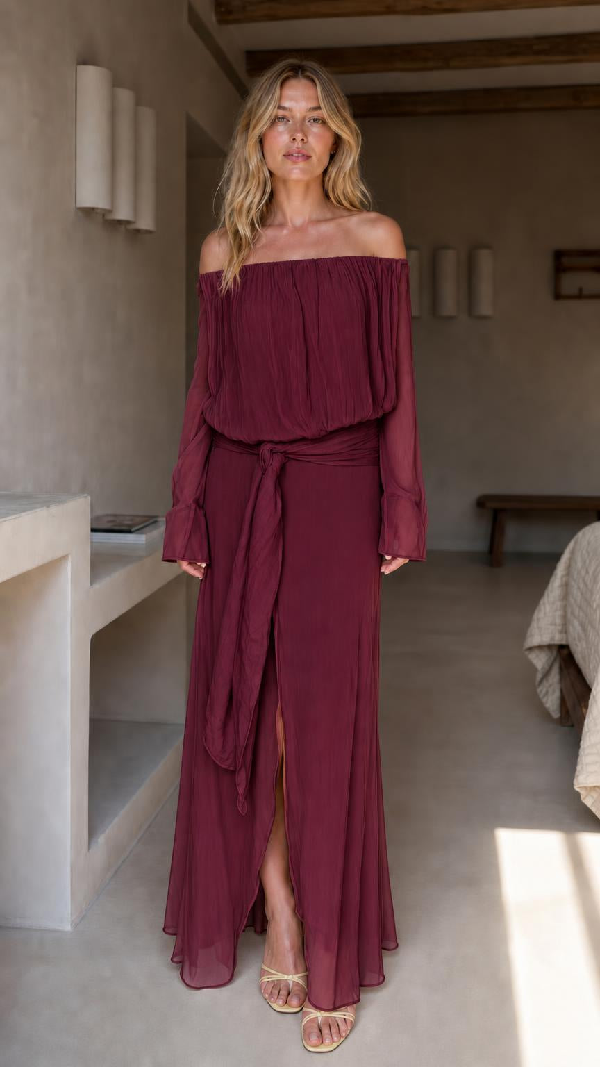 Front view of burgundy off-the-shoulder chiffon maxi dress