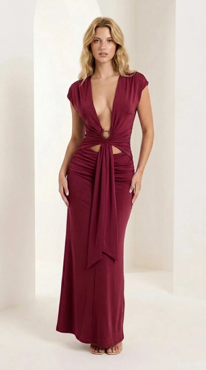 Full view of woman wearing burgundy color variant