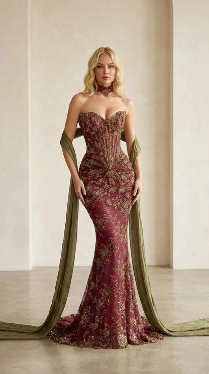Front view of burgundy color variant of the embellished evening gown