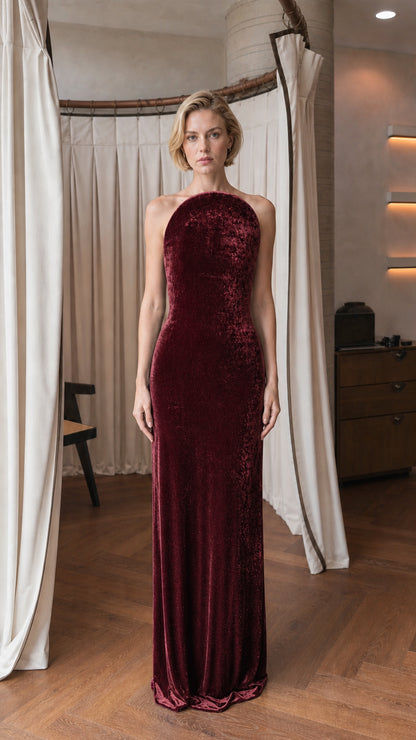 Model wearing burgundy velvet halter evening gown