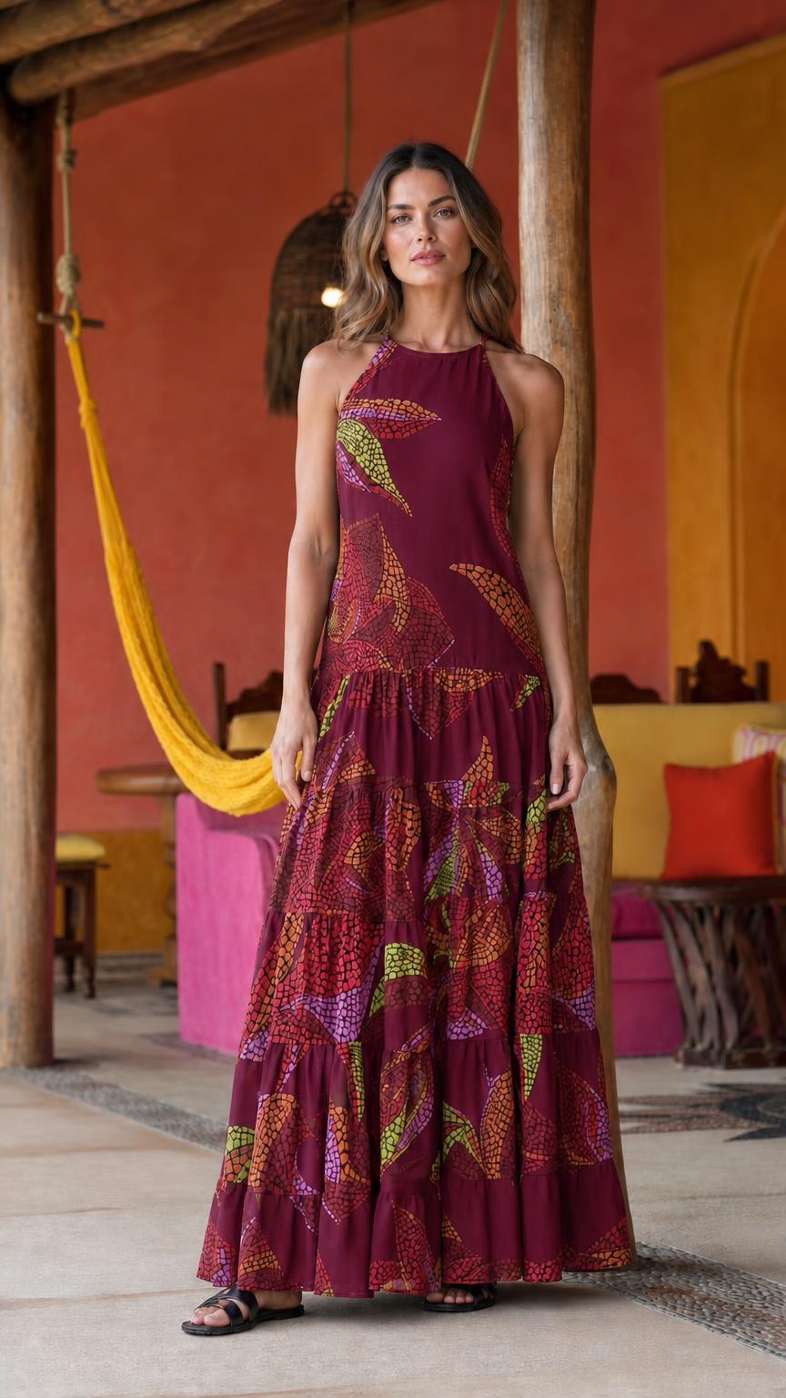 Front full view of burgundy color variant maxi dress