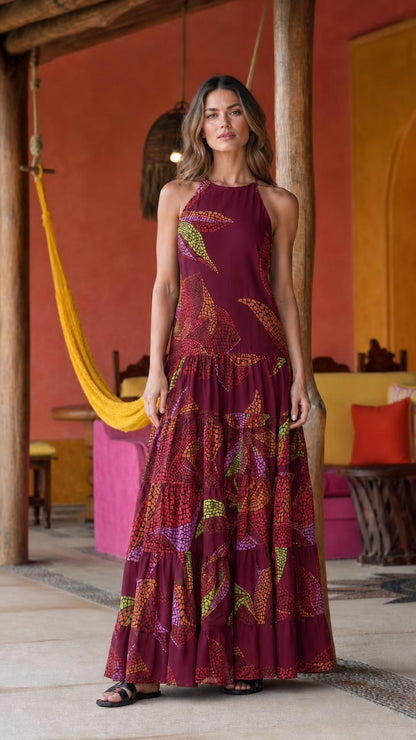 Front full view of burgundy color variant maxi dress