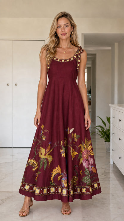 Front full view of burgundy floral maxi dress variant