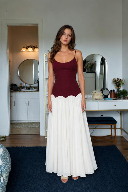 Front view of burgundy and white contrast maxi dress