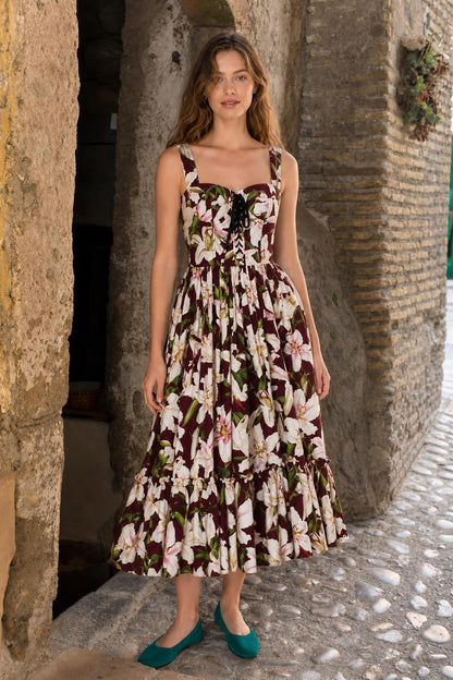 Front full view of burgundy floral midi dress