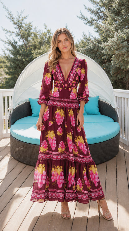 Woman wearing burgundy floral print maxi dress