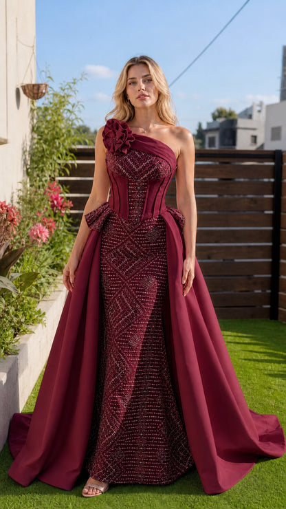 Burgundy color variant of one-shoulder corset evening gown