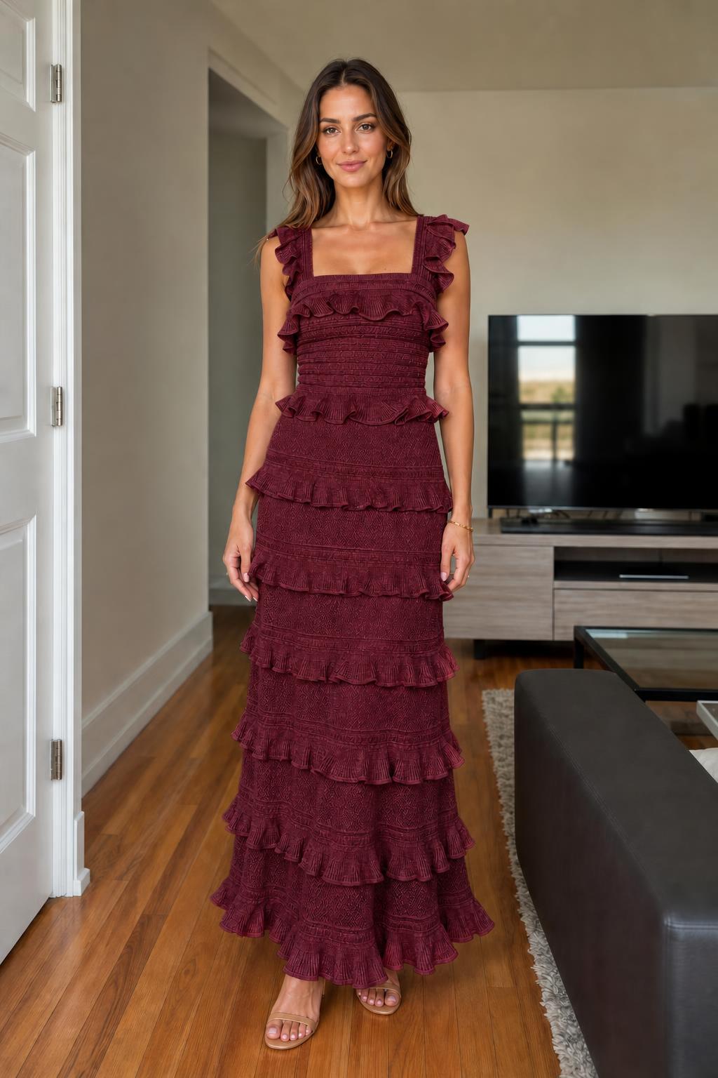 Front view of Burgundy ruffled tiered knit maxi dress