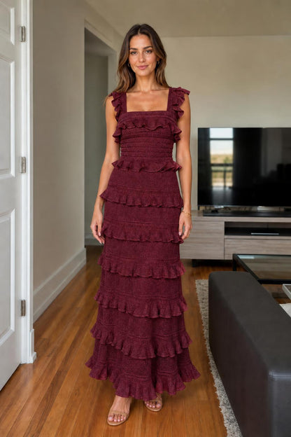 Front view of Burgundy ruffled tiered knit maxi dress