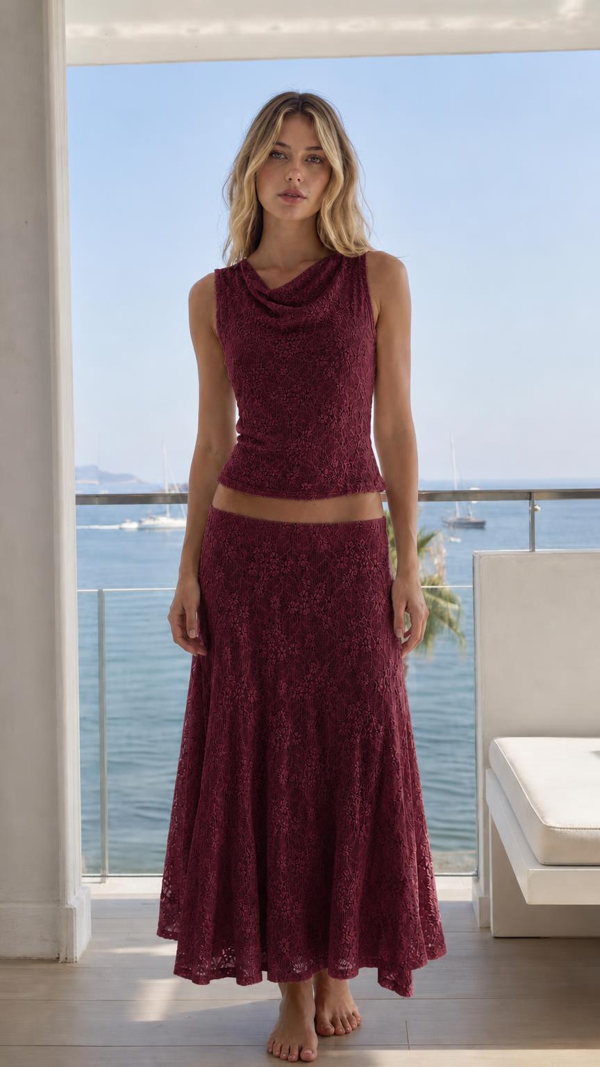 Model wearing burgundy lace two-piece set