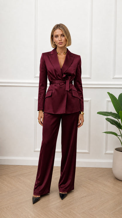 Woman wearing burgundy satin two-piece suit