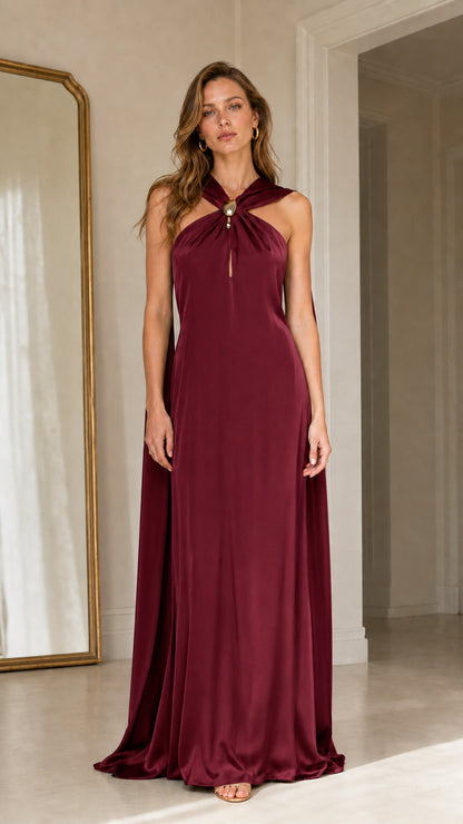 Front view of burgundy satin halter maxi dress