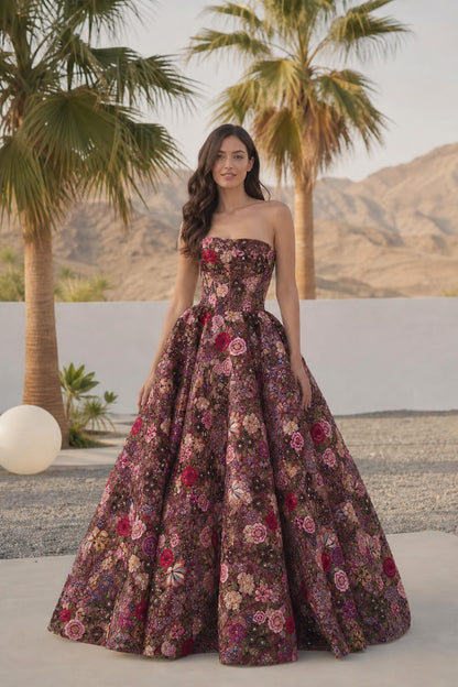 Front view of burgundy multi floral embroidered evening dress