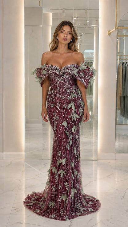 Front view of burgundy off-shoulder evening gown