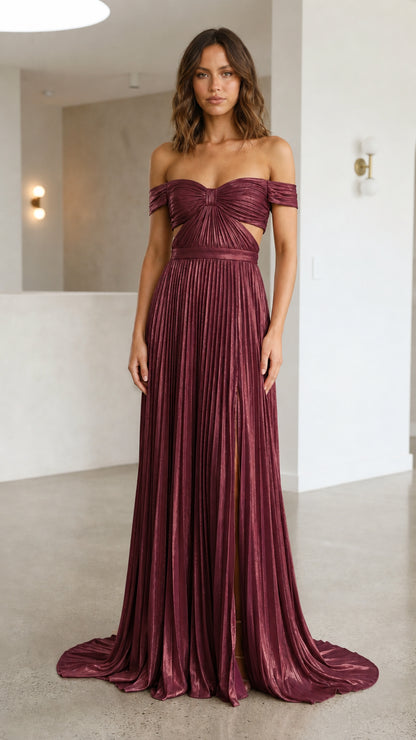 Front view of burgundy metallic off-shoulder maxi dress