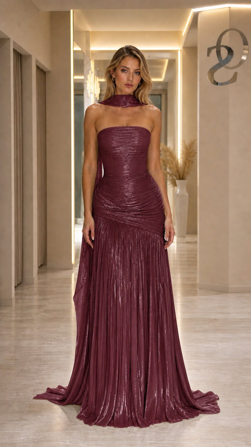 Front view of Burgundy strapless evening gown with scarf