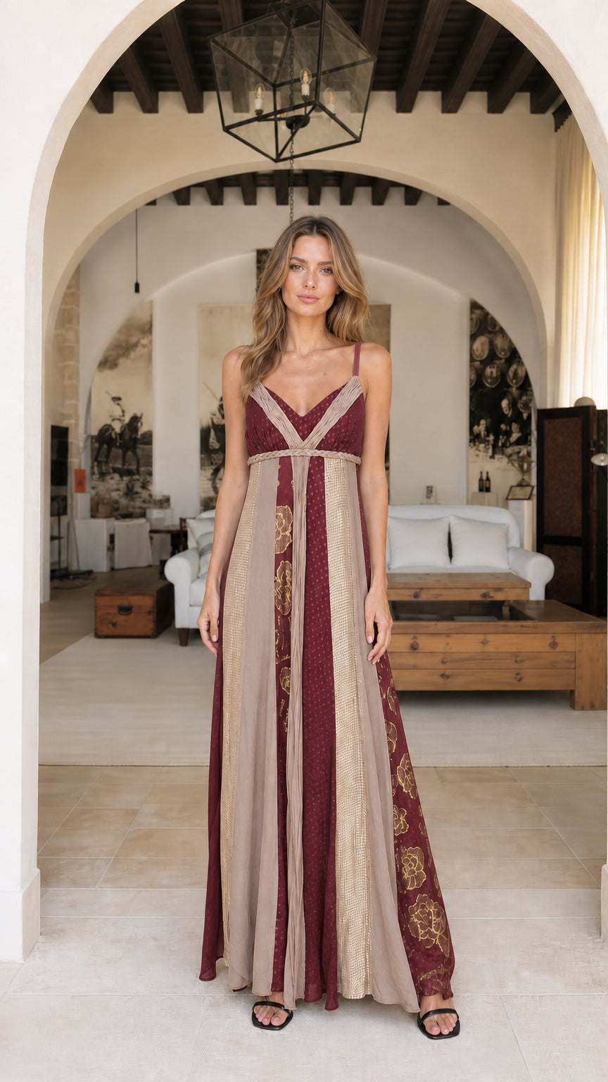 Model wearing rich burgundy patchwork maxi dress