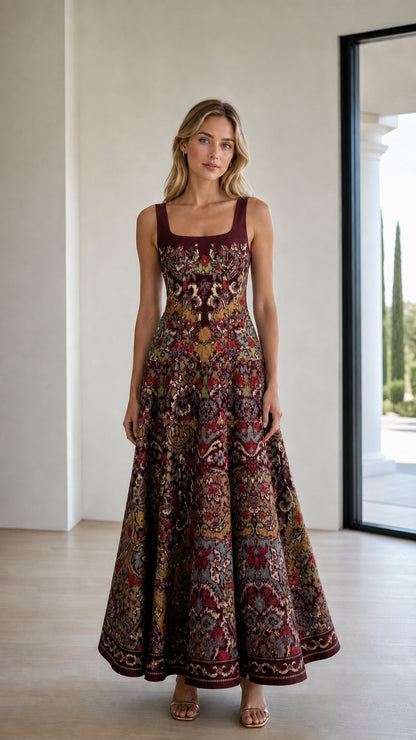 Front view of model in burgundy patterned maxi dress variant