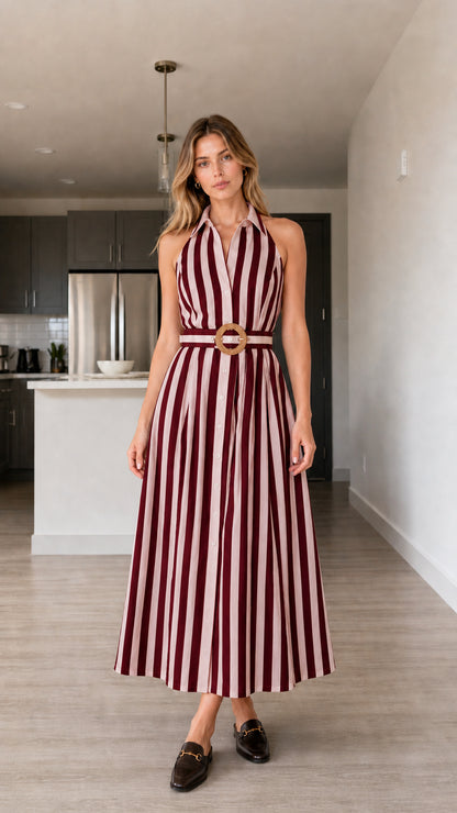 Full front view of burgundy and white striped halter midi dress