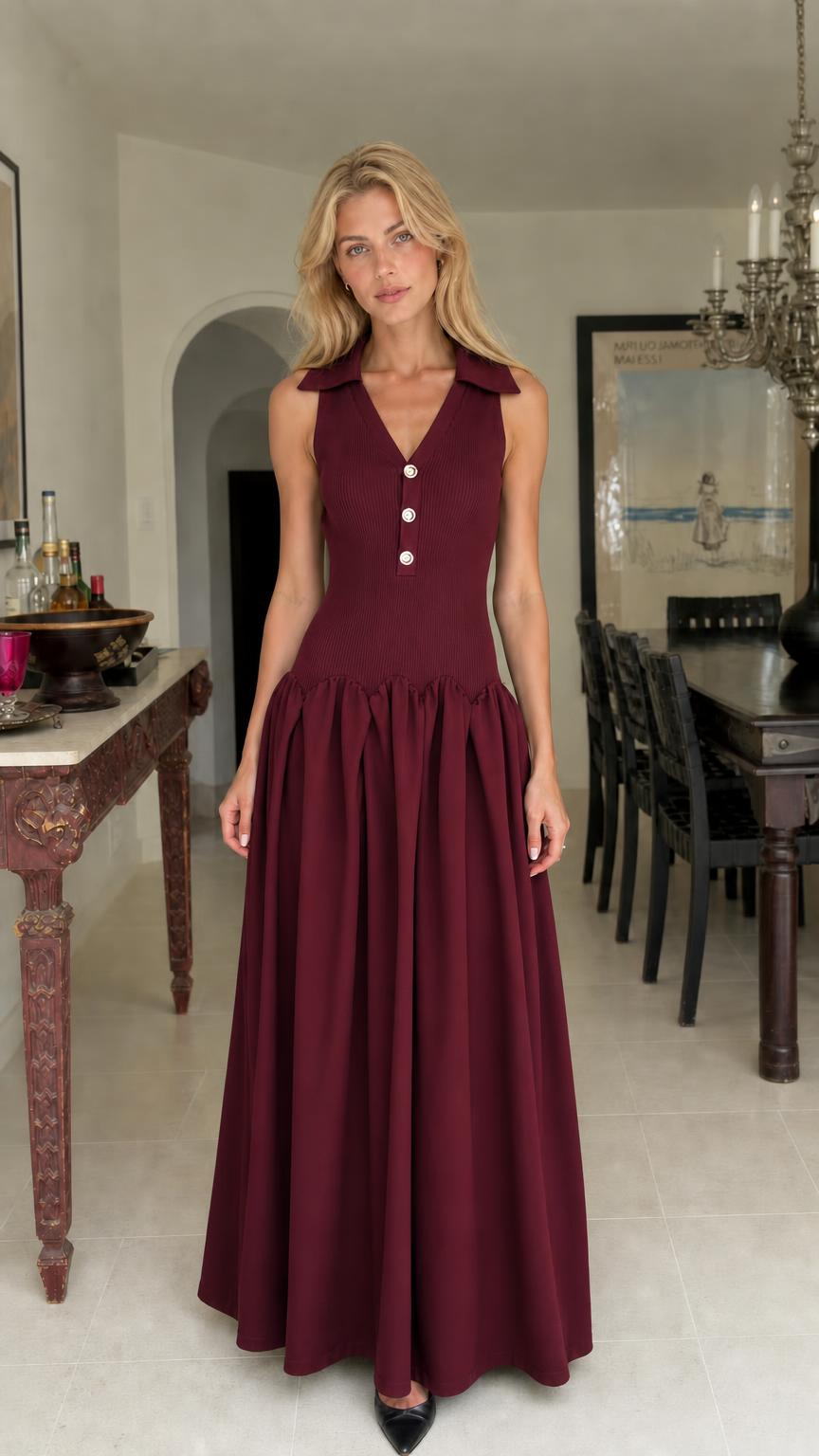 Woman wearing burgundy collared maxi dress