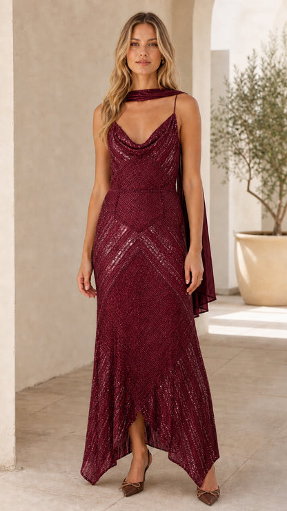 Full-length view of burgundy sequined maxi dress
