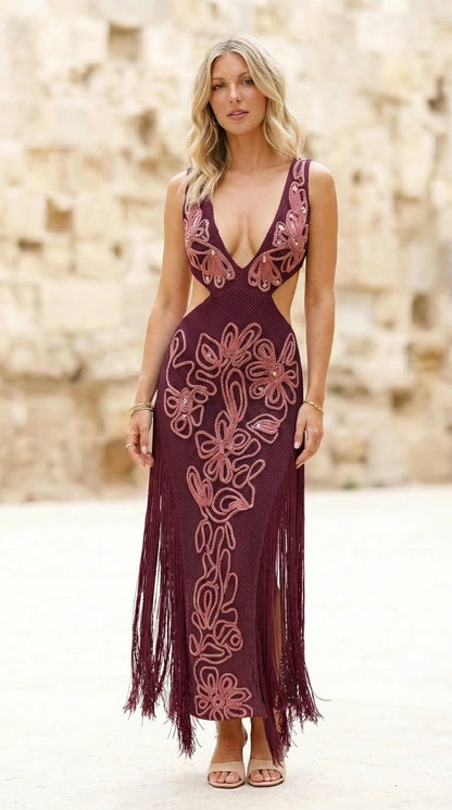 Front view of burgundy color variant with fringe hem