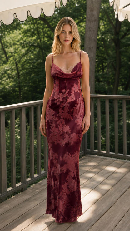 Burgundy variant of the corset maxi dress