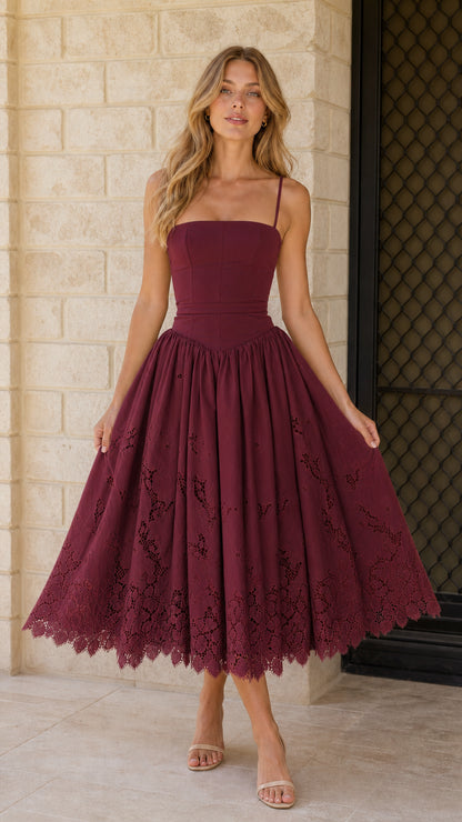 Front view of burgundy midi dress
