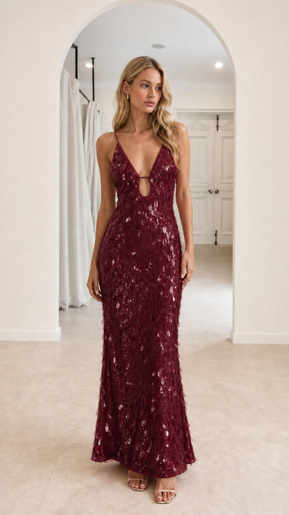 Front view of Burgundy sequin maxi dress