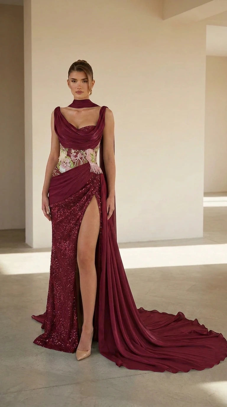 Front view of burgundy evening gown with beaded waist