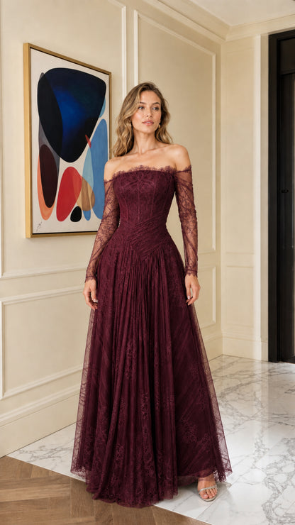 Front view of burgundy off-shoulder lace evening gown
